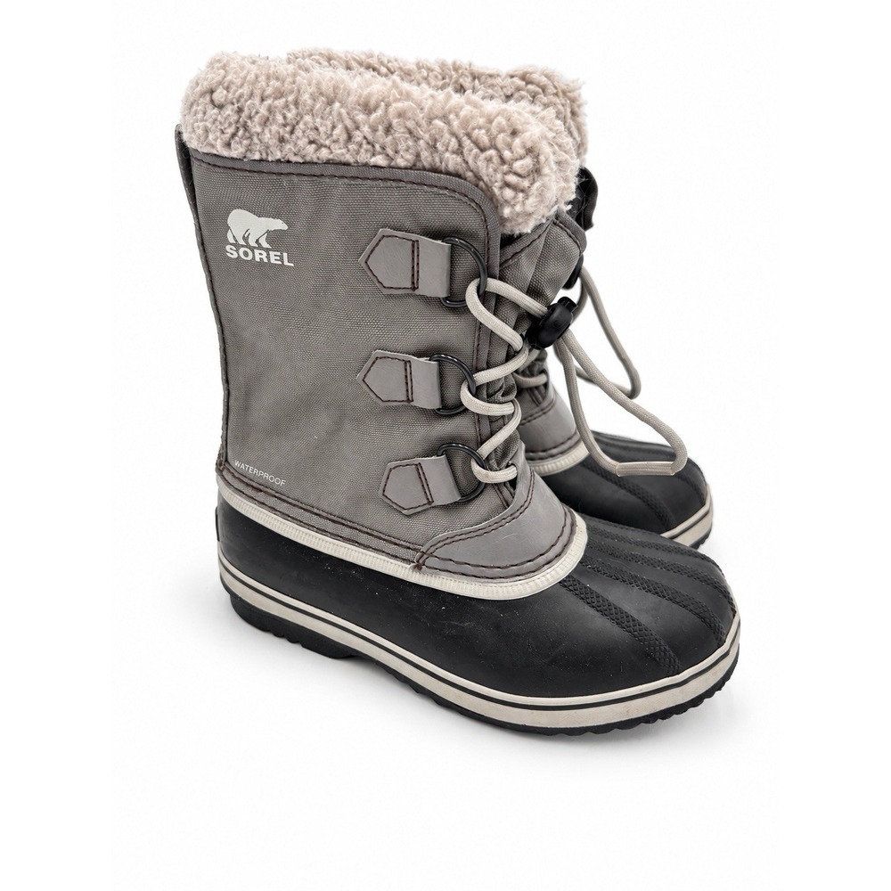 Sorel Yoot Pac Nylon Kids Snow Boots Youth 1 Gray Black Waterproof Faux Fur